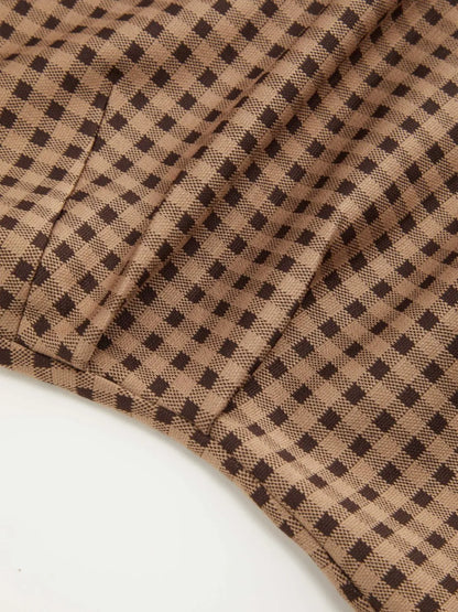 Boat Neck Gingham Bowknot Ruched Long Sleeve Top