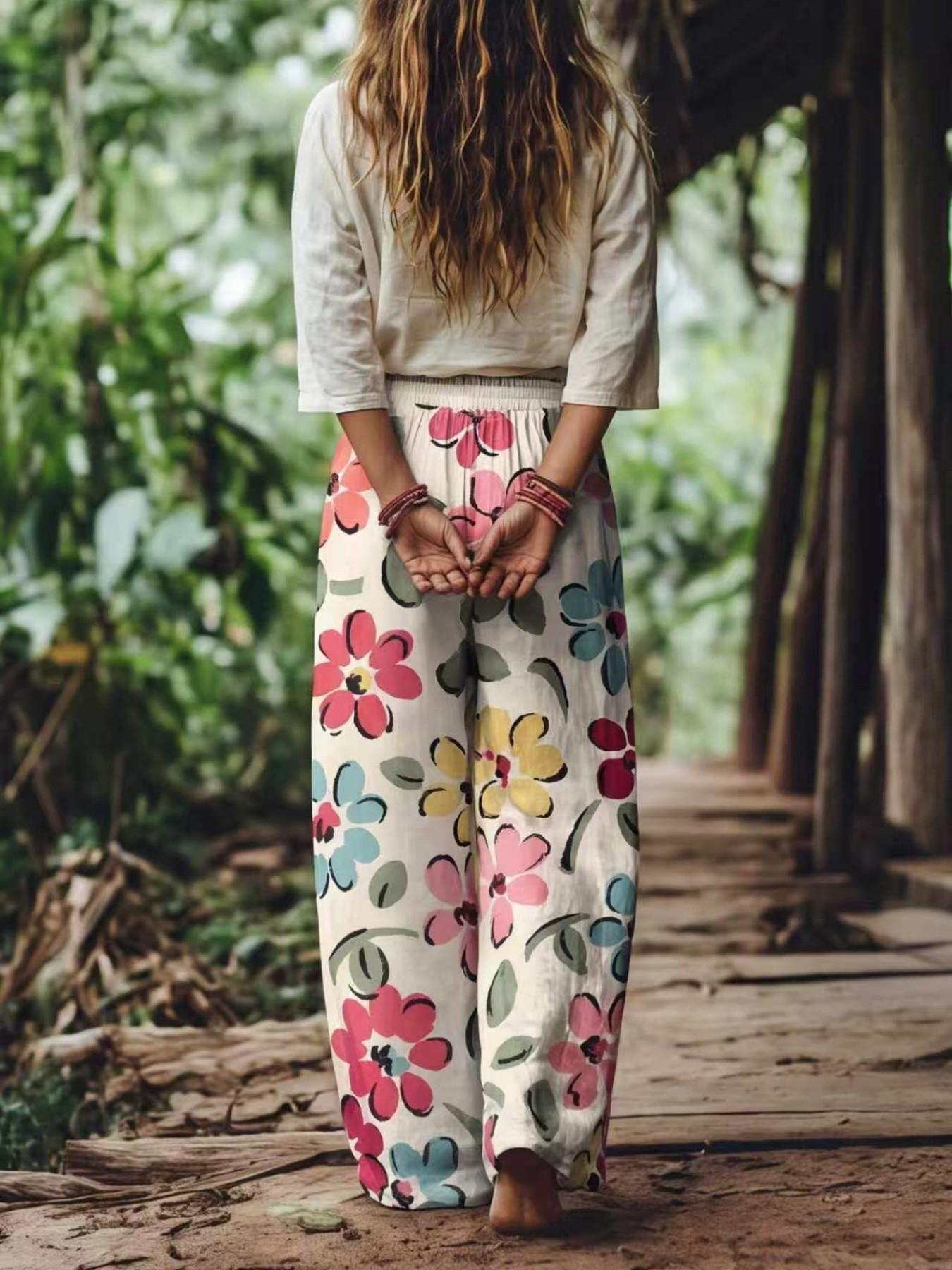 【LAST DAY SALE】Women's Casual Bohemian Style Floral Print Wide-Leg Pants